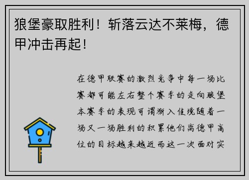狼堡豪取胜利！斩落云达不莱梅，德甲冲击再起！