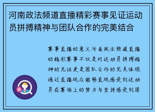 河南政法频道直播精彩赛事见证运动员拼搏精神与团队合作的完美结合